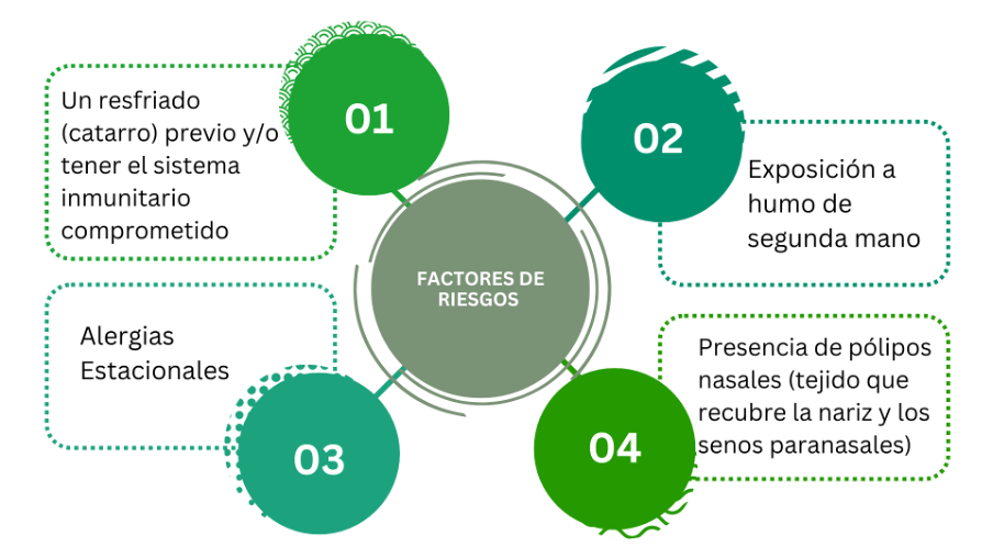 factores de riesgo descritos en esta imagen son: 1. Resfriado, 2. Exposición al humo, 3. Alergias estacionales. 4. Presencia pólipos nasales