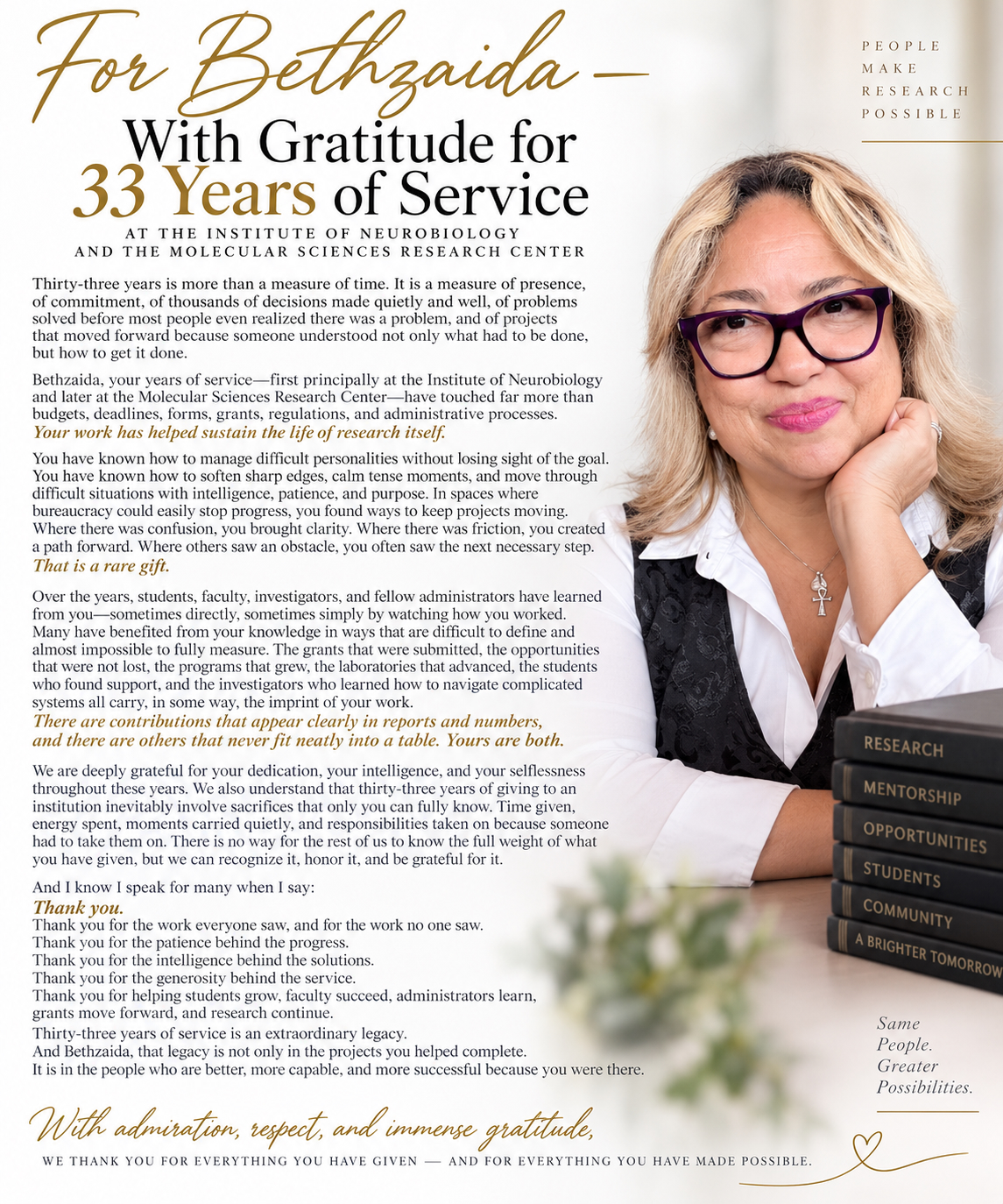 Institute commemorates Bethzaida Birriel's 33 years of service.